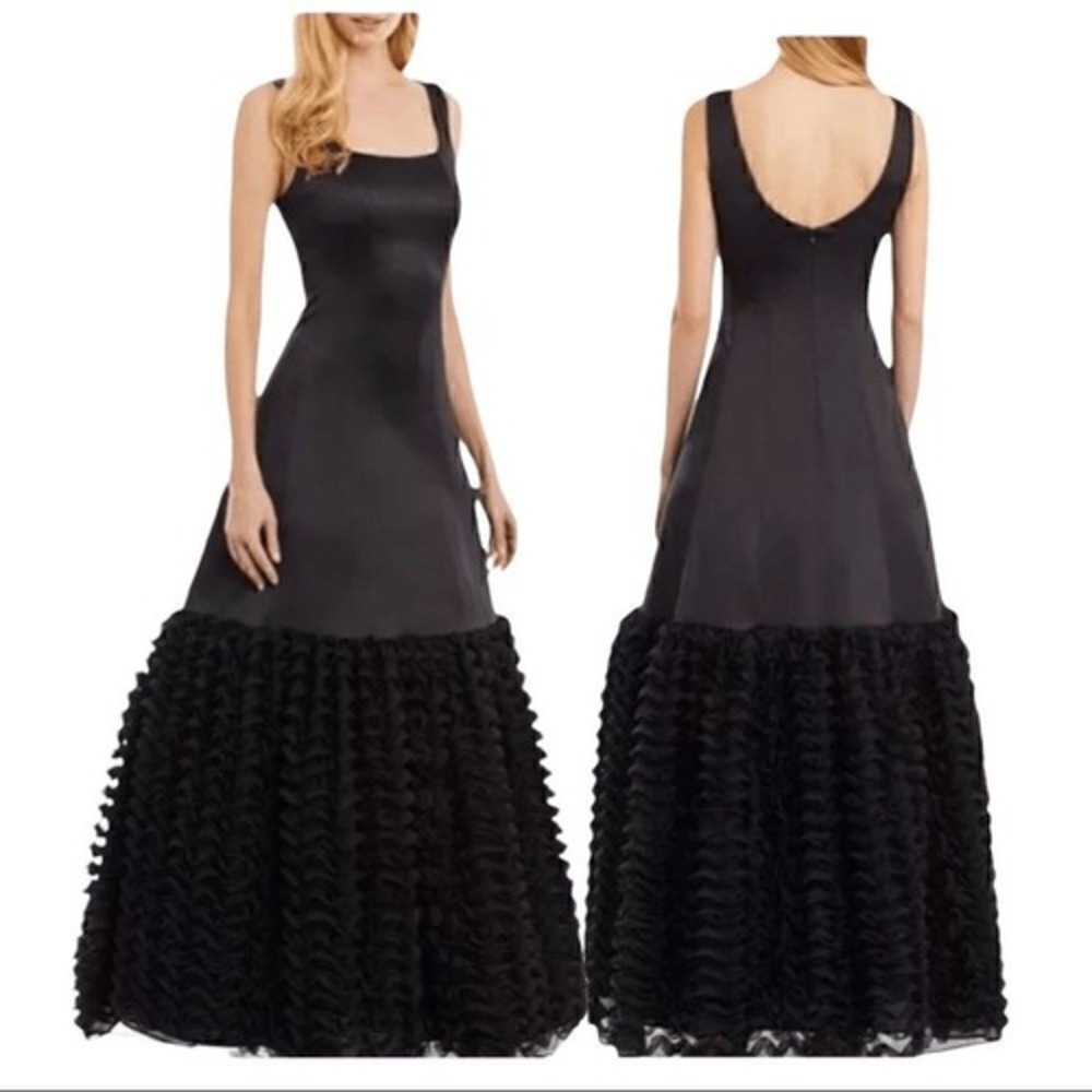 Nicole Miller New York Black Satin Ruffle Tiered Evening Gown Dress Size 4 NEW